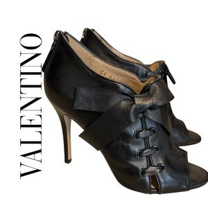 Valentino Black Leather Women's Booties with leather lace up detail and bow